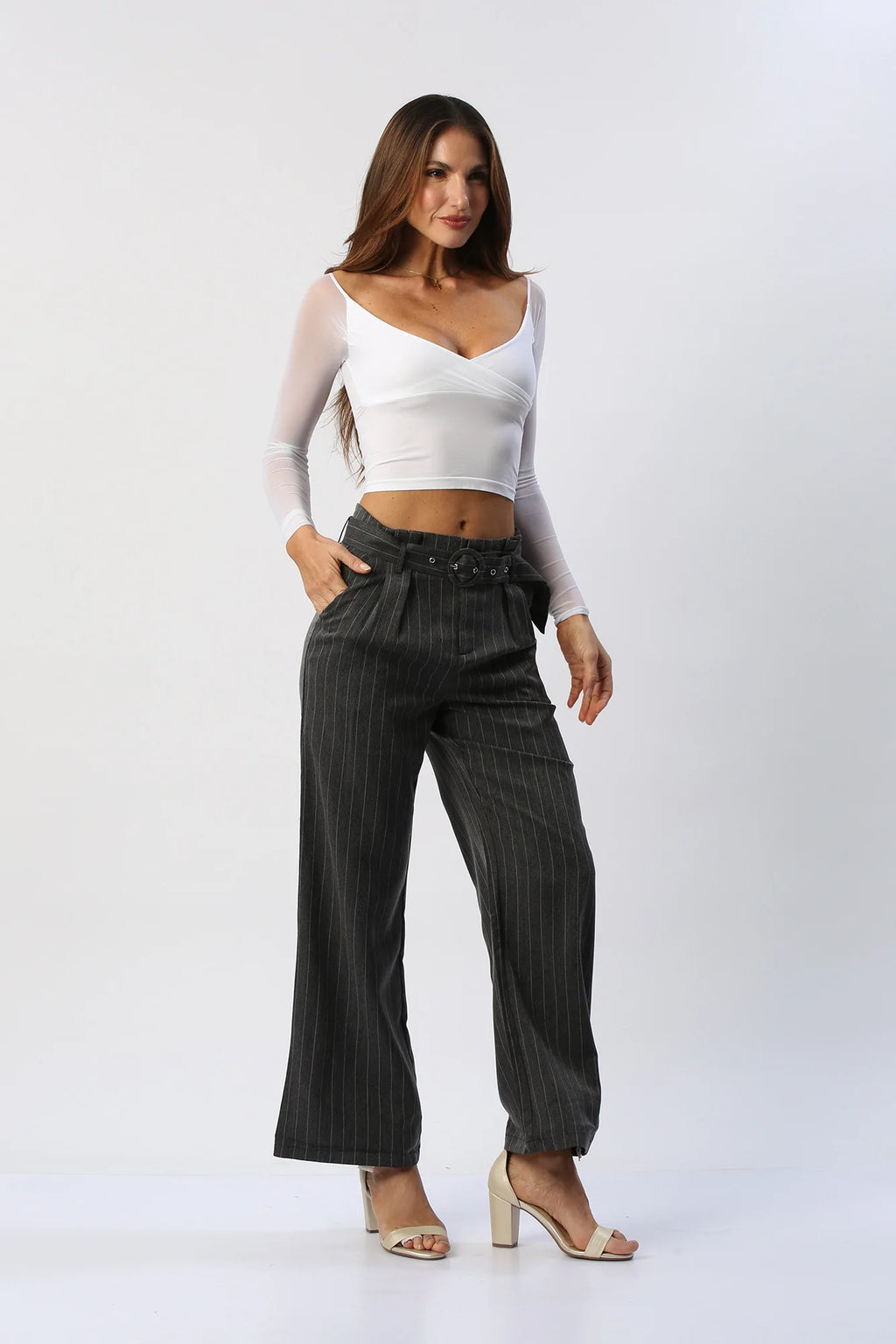 Pantalón Recto de Rayas con Cinturón