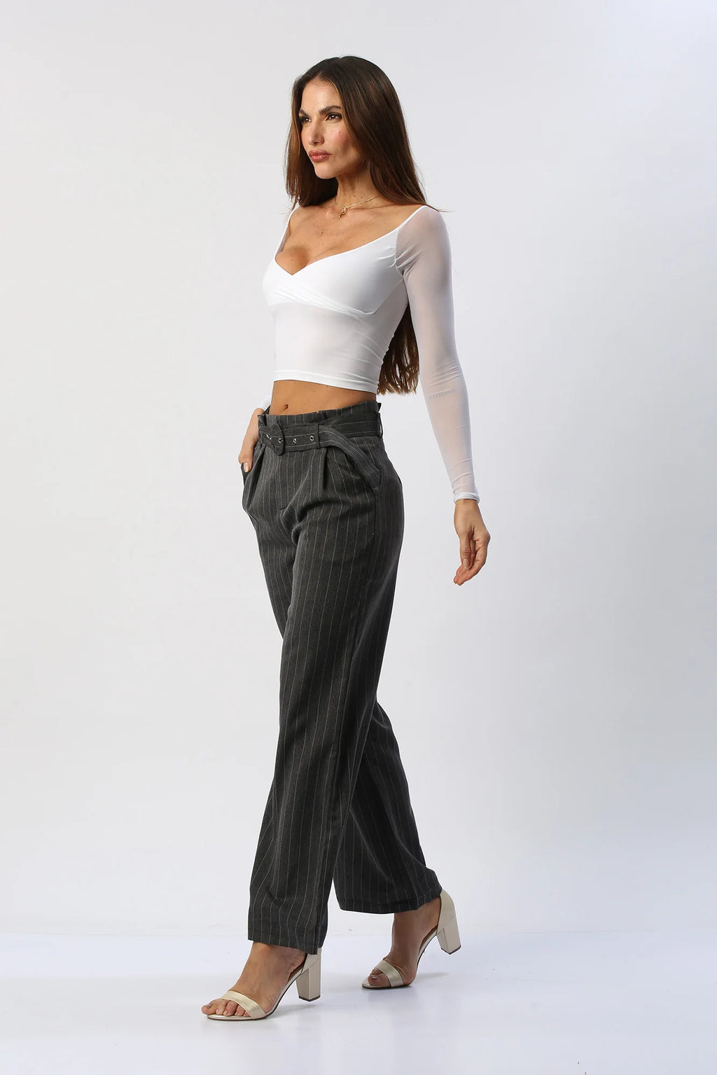 Pantalón Recto de Rayas con Cinturón