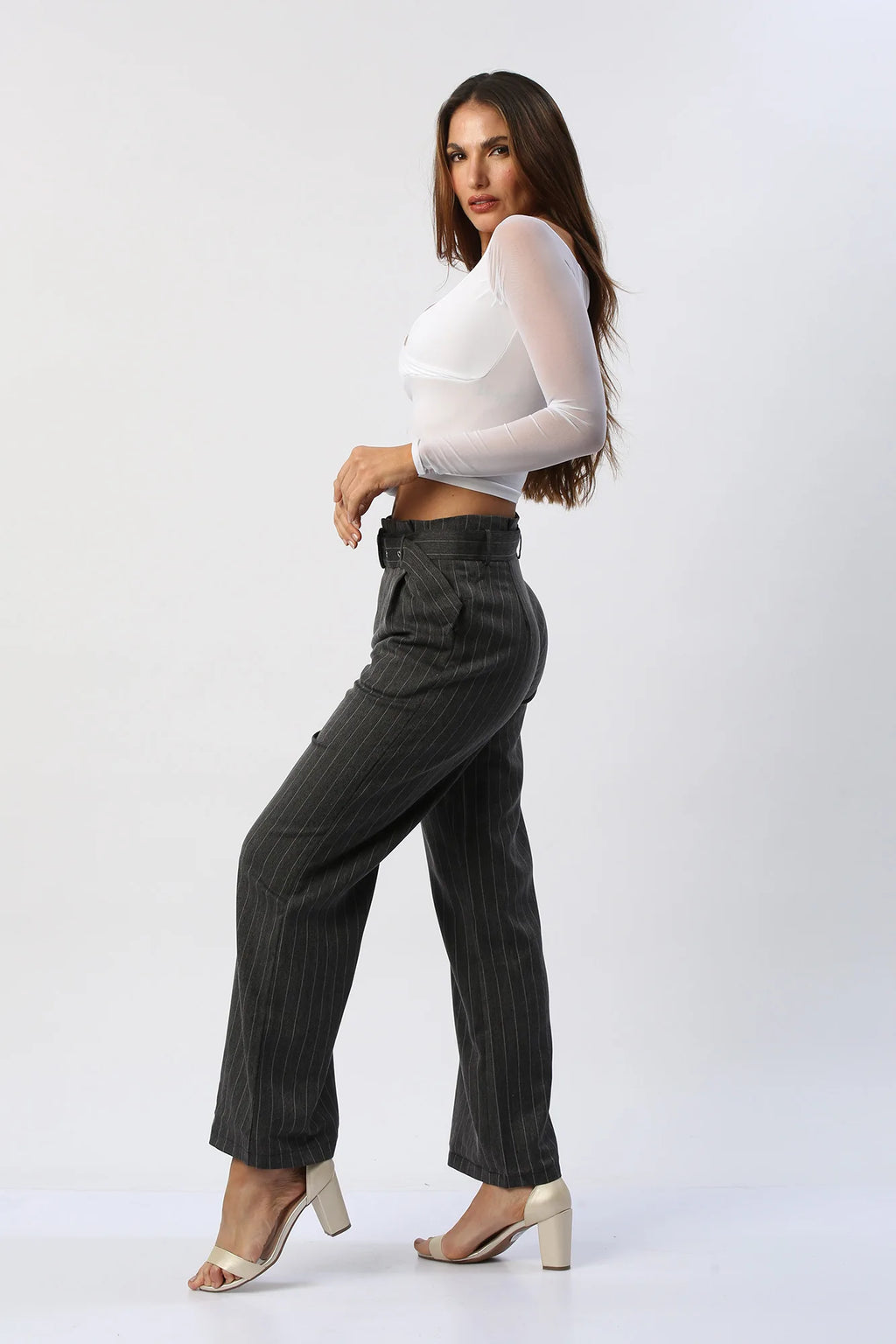 Pantalón Recto de Rayas con Cinturón