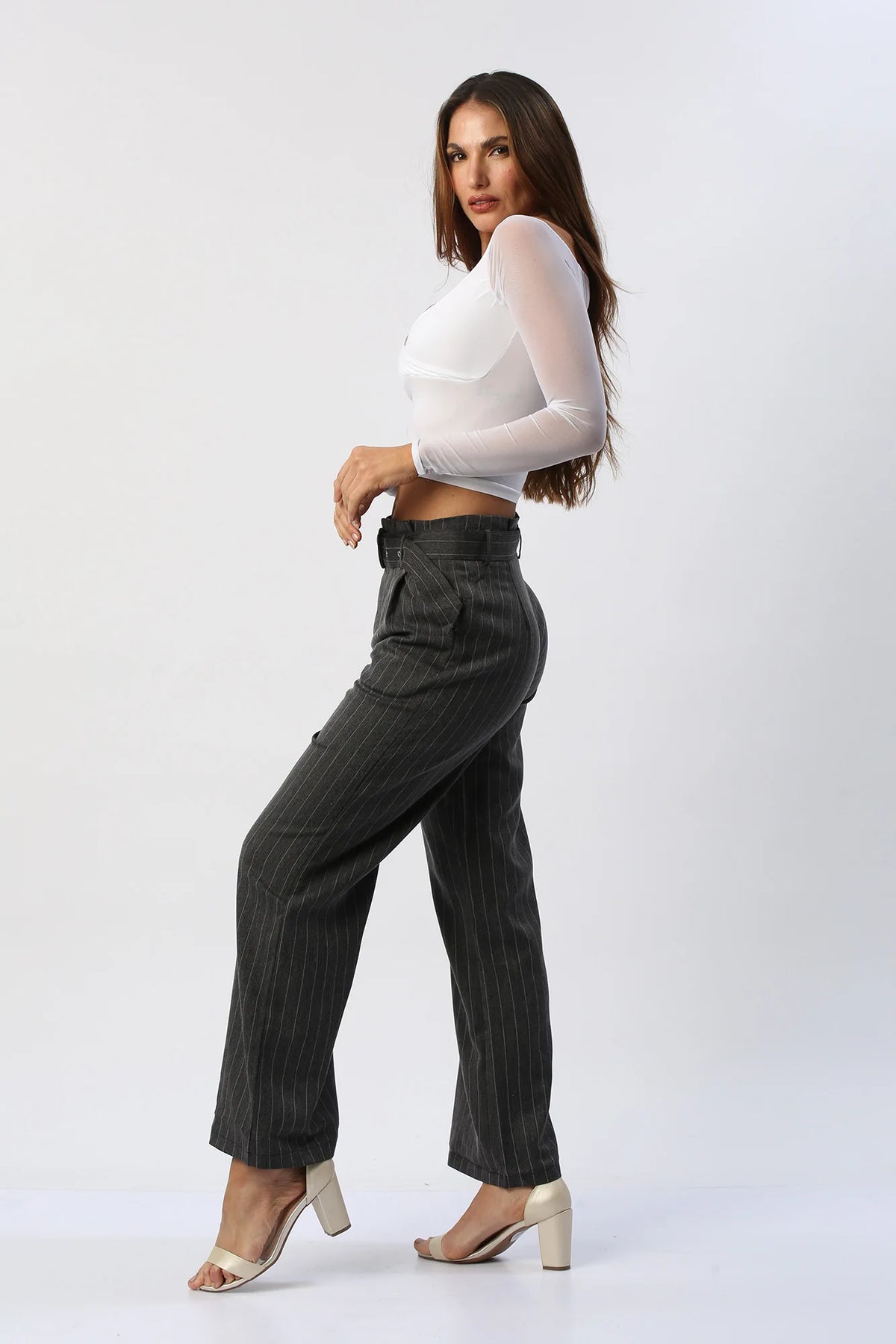 Pantalón Recto de Rayas con Cinturón