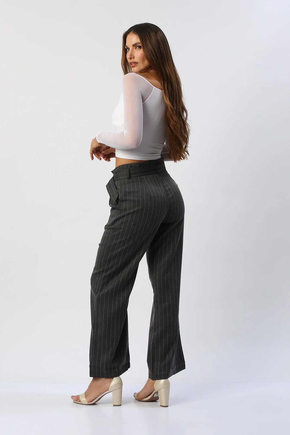 Pantalón Recto de Rayas con Cinturón