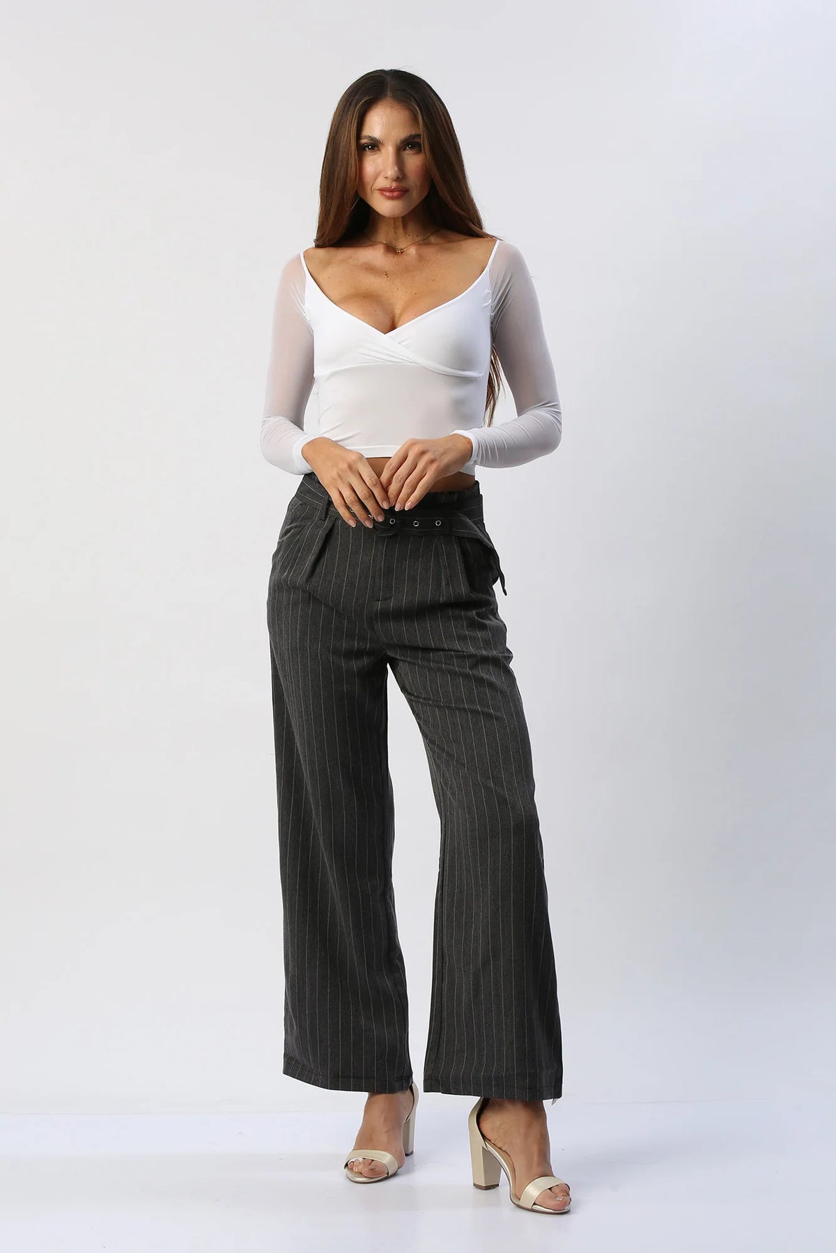 Pantalón Recto de Rayas con Cinturón