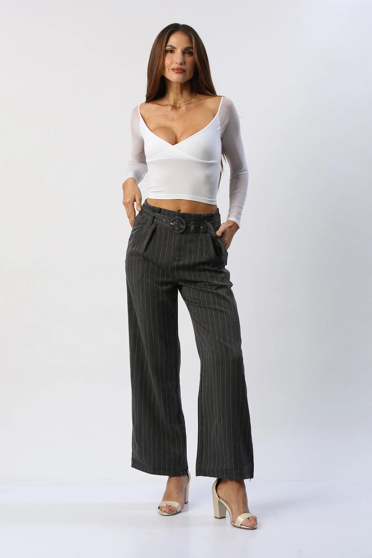 Pantalón Recto de Rayas con Cinturón