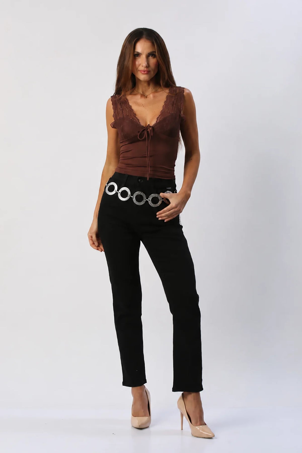 Blusa Escote V con Encaje y Amarre Frontal