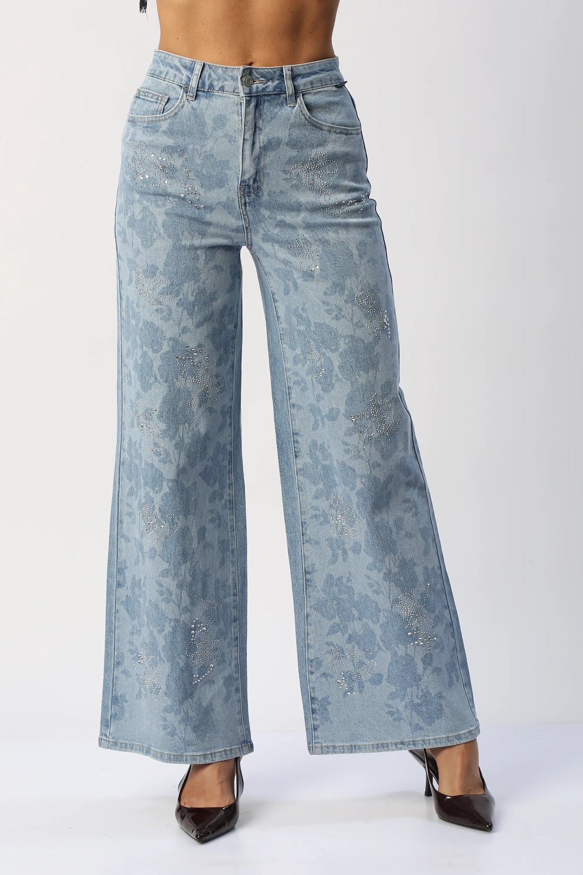 Jean CELLO Wide Leg Con Flores Estampadas y Piedras