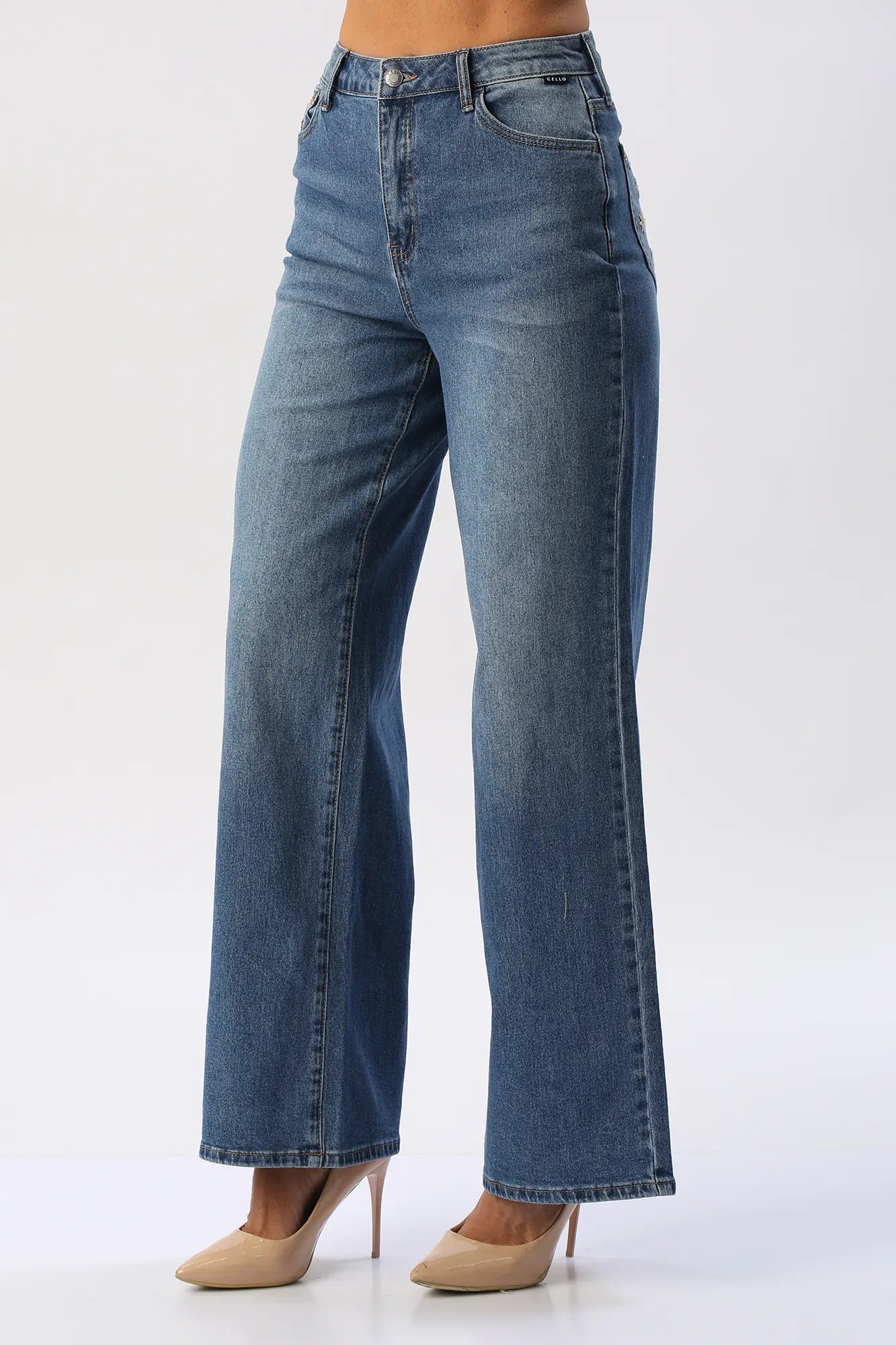 Jean Wide Leg Flores bordadas En Bolsillos CELLO