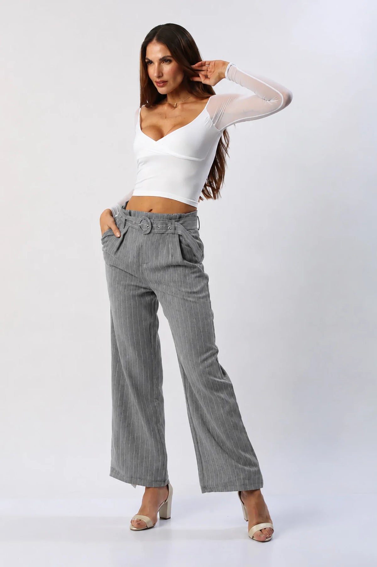 Pantalón Recto de Rayas con Cinturón