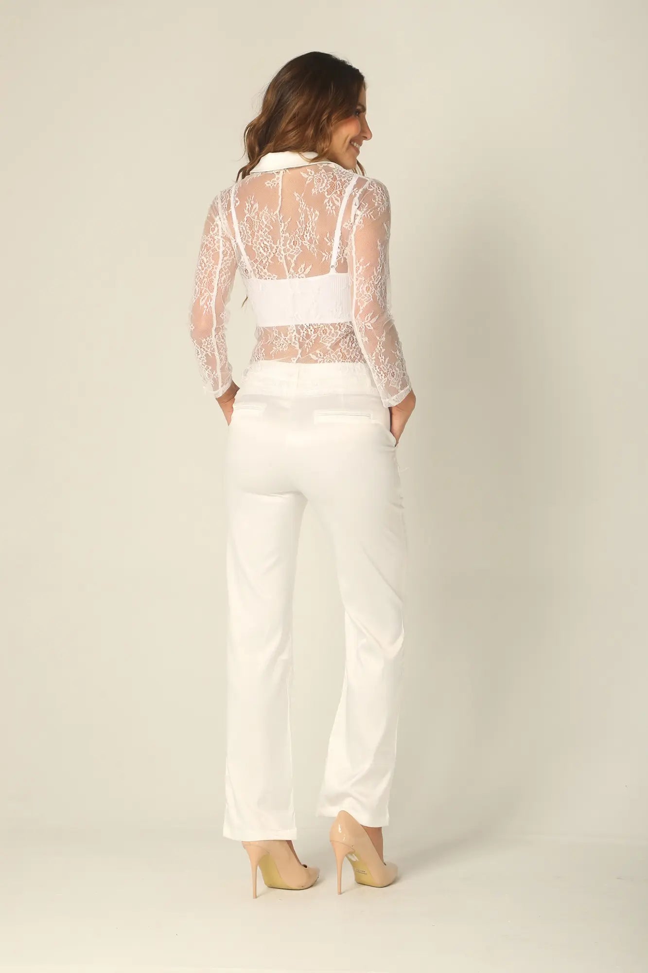 Set Camisa de Botones Encaje y Pantalón Satín
